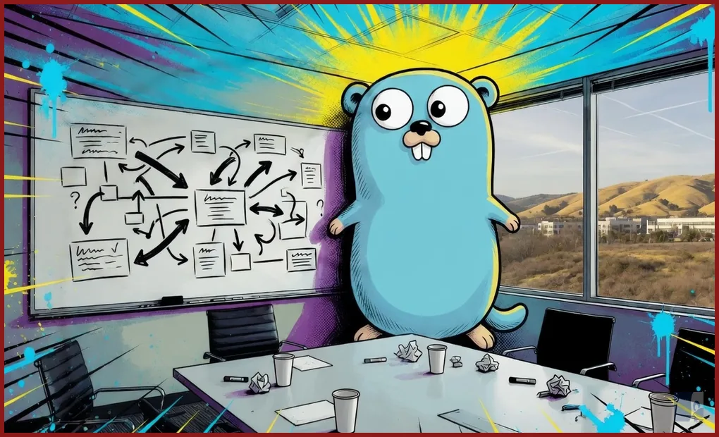 Sala de reunião em 2007 com o gopher oficial do Go no quadro