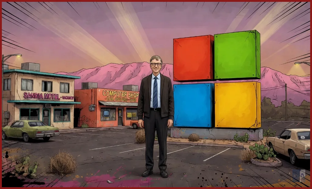 Bill Gates de pé no estacionamento de Albuquerque diante dos quatro quadrados oficiais da Microsoft