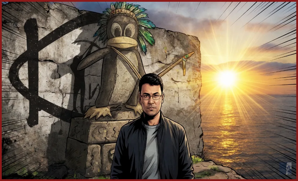 Carlos Morimoto em HQ diante do mascote do Kurumin e do pôr do sol