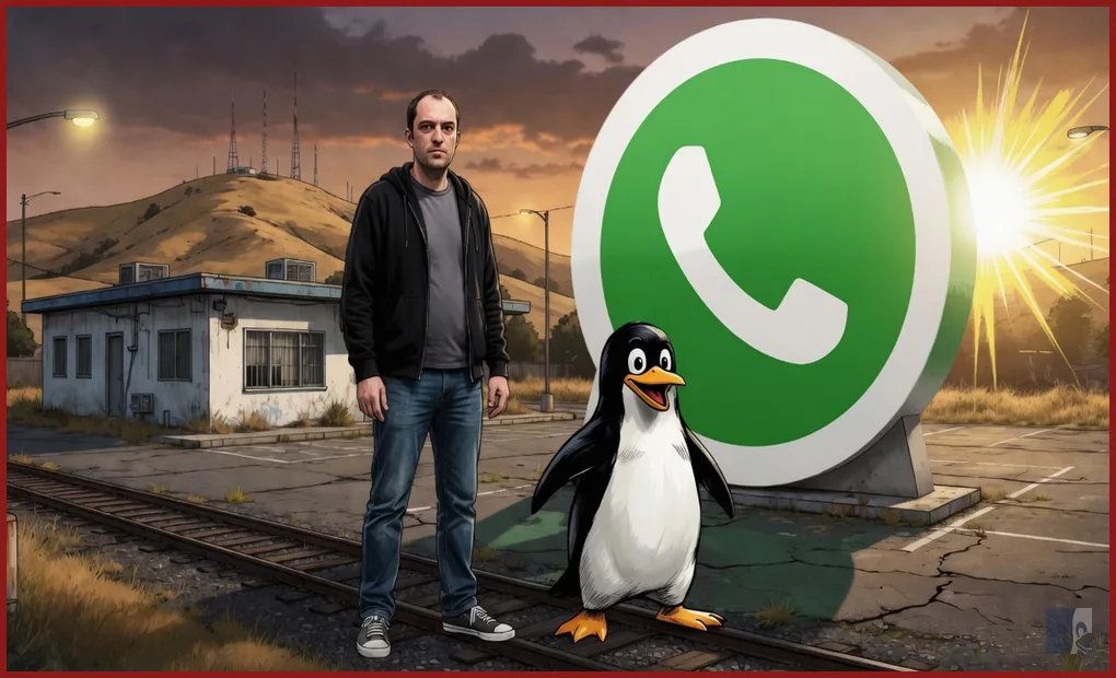 Jan Koum de pé no estacionamento de Mountain View diante do balão verde oficial do WhatsApp