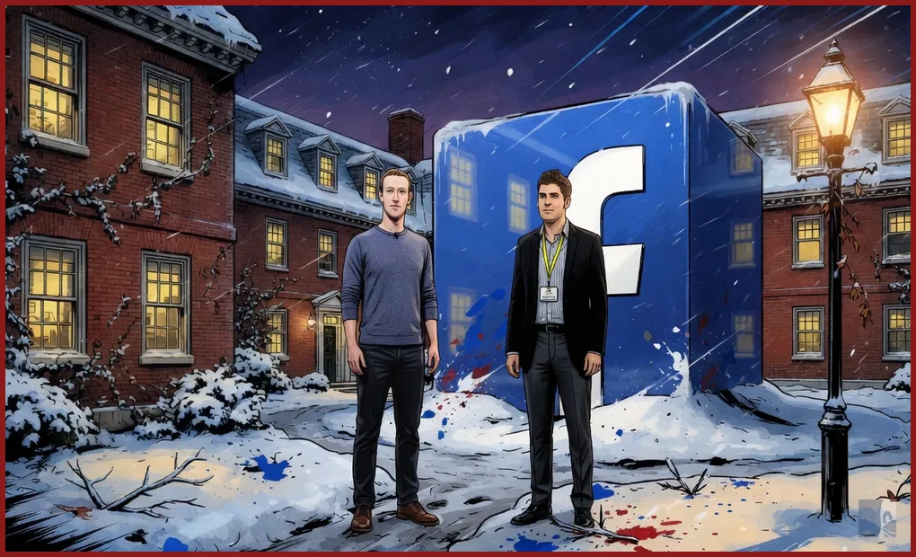 Mark Zuckerberg e Eduardo Saverin de pé no pátio nevado de Harvard diante do cubo azul oficial do Facebook