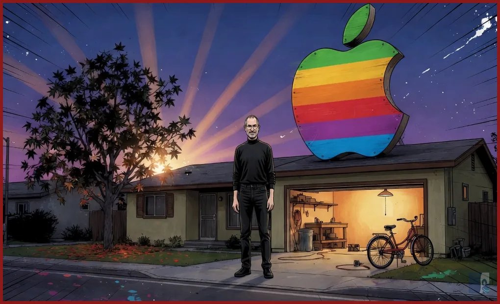 Steve Jobs de pé na calçada de Los Altos diante da garagem e da maçã arco-íris oficial da Apple
