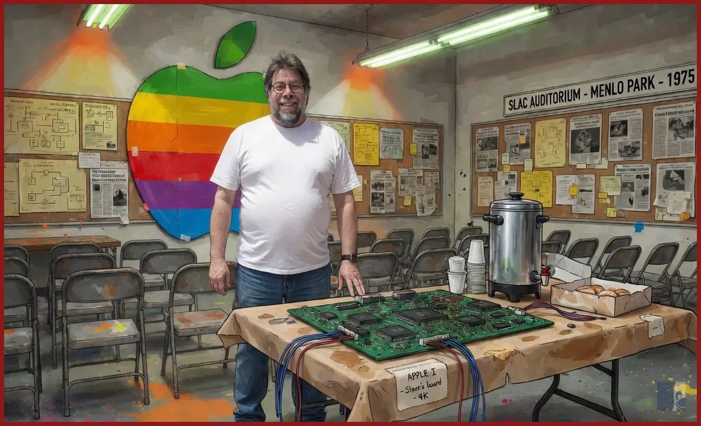 Steve Wozniak de pé no Homebrew Computer Club diante da placa do Apple I e da maçã arco-íris