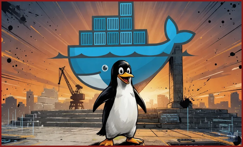 Tux de pé diante da baleia oficial do Docker carregando containers