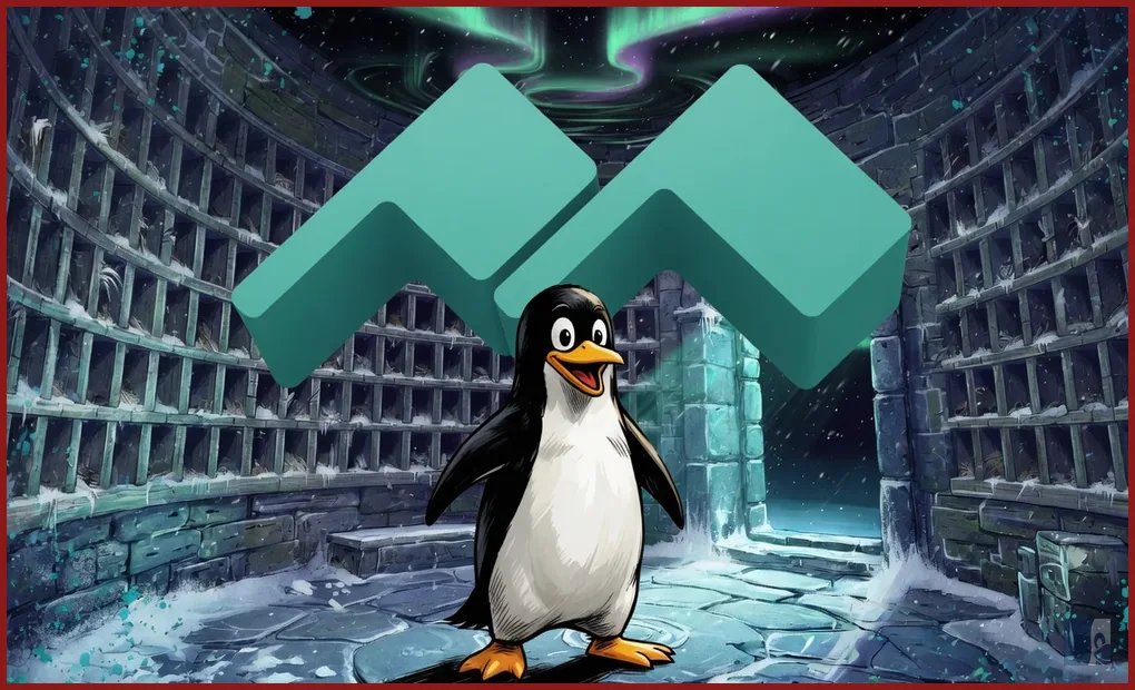 Tux de pé no pombal de pedra sob a aurora, diante das duas pombas teal oficiais do Dovecot