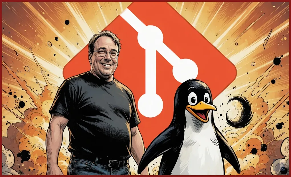 Linus Torvalds em HQ diante do logo do Git e do Tux