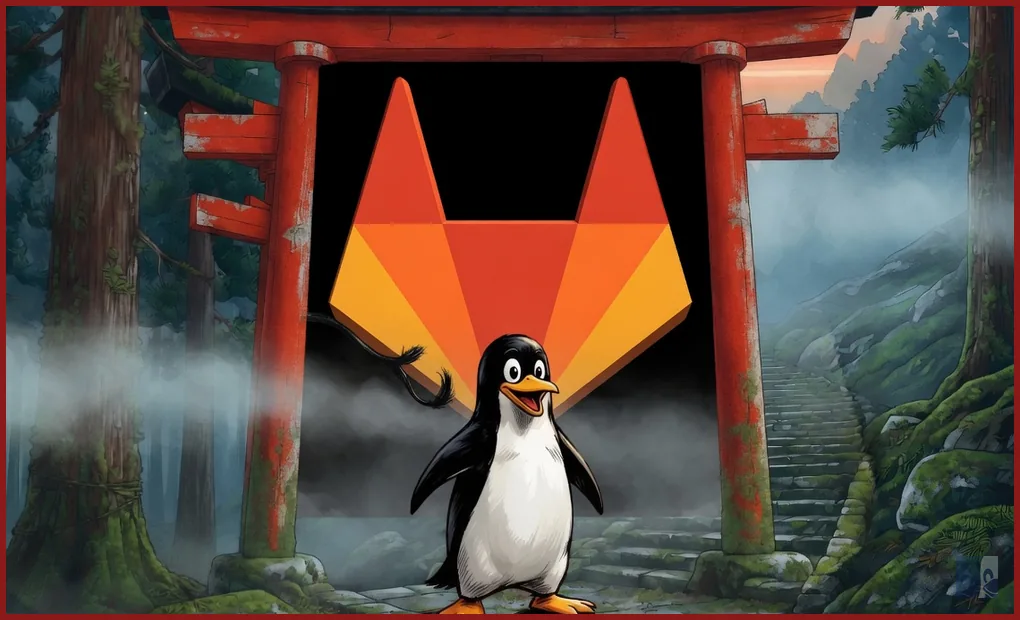 Tux de pé diante do torii vermelho com o tanuki geométrico oficial do GitLab
