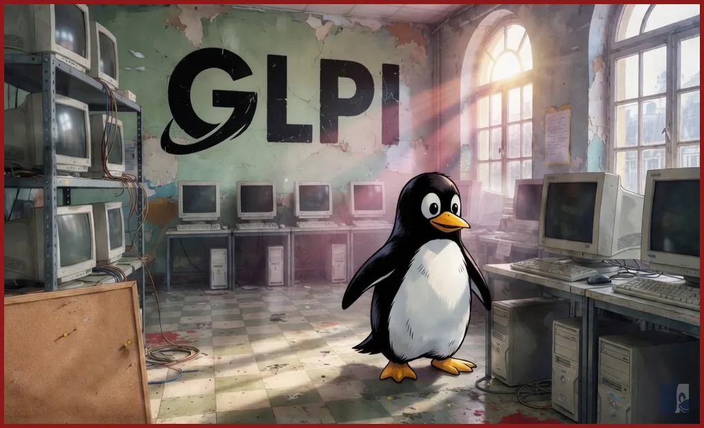 Depósito de TI de uma prefeitura francesa em 2003 com o wordmark GLPI na parede e Tux em pé