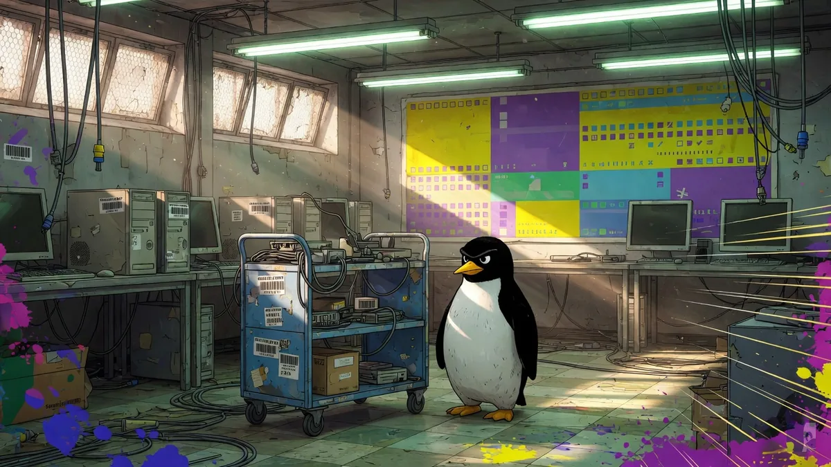 Porão de laboratório universitário com PCs etiquetados e Tux em pé ao lado do carrinho de inventário