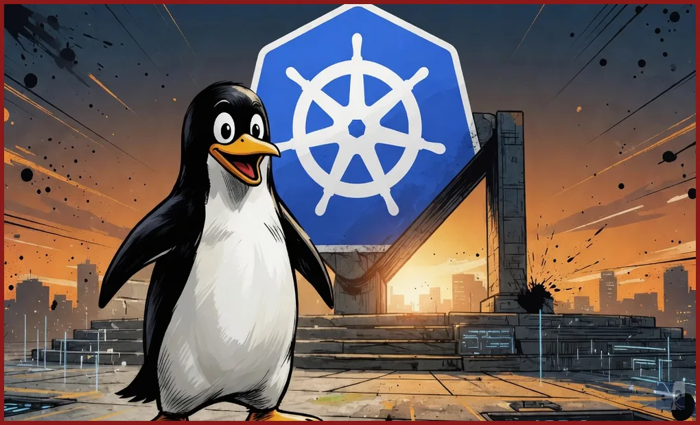 Tux de pé diante do leme heptagonal oficial do Kubernetes