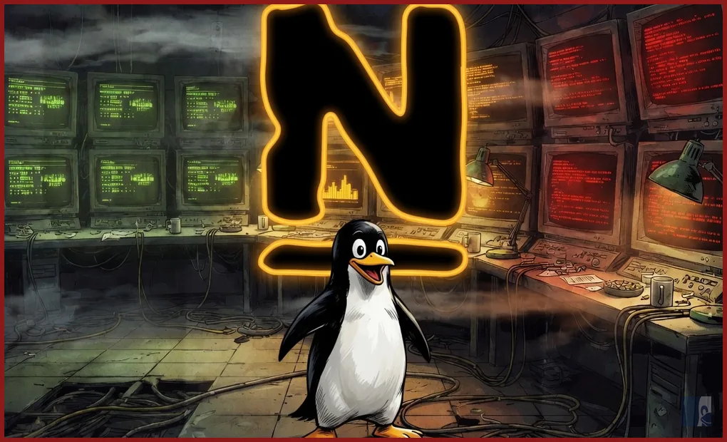 Tux de pé no NOC de CRTs diante do N manuscrito oficial do Nagios