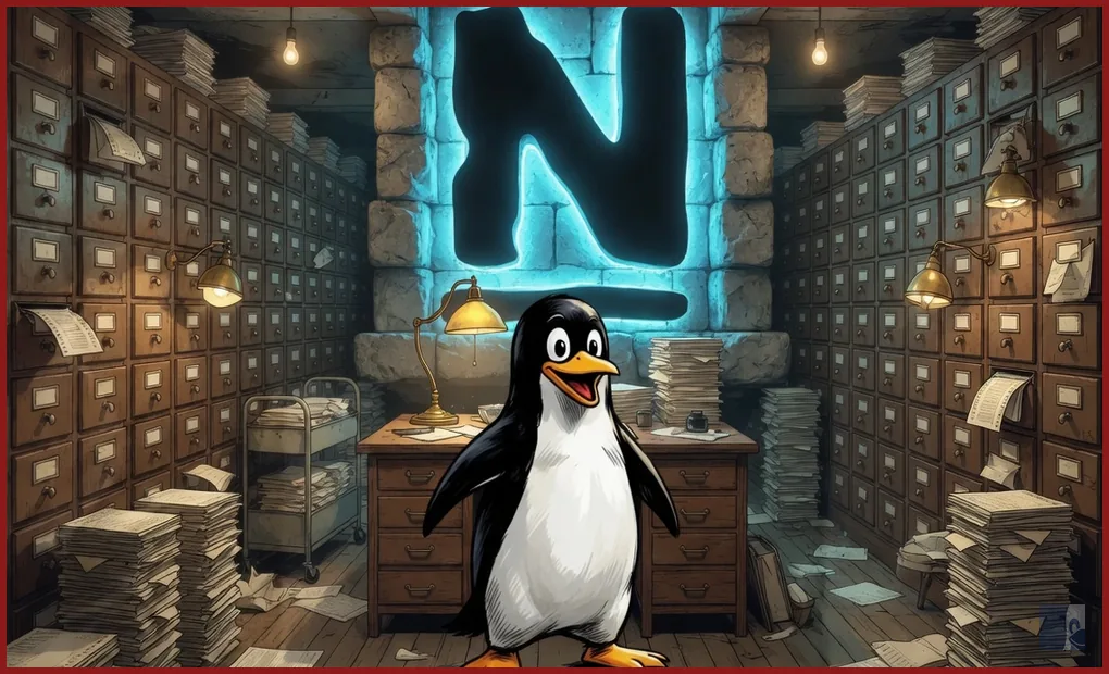 Tux de pé no arquivo de fichários diante do N do NagiosQL