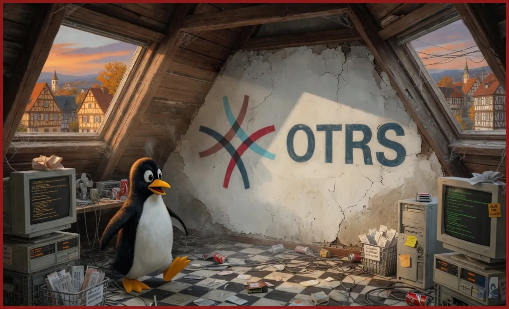 Sótão de uma WG em Oberursel no Taunus, 2001, com o wordmark oficial OTRS na parede e Tux em pé