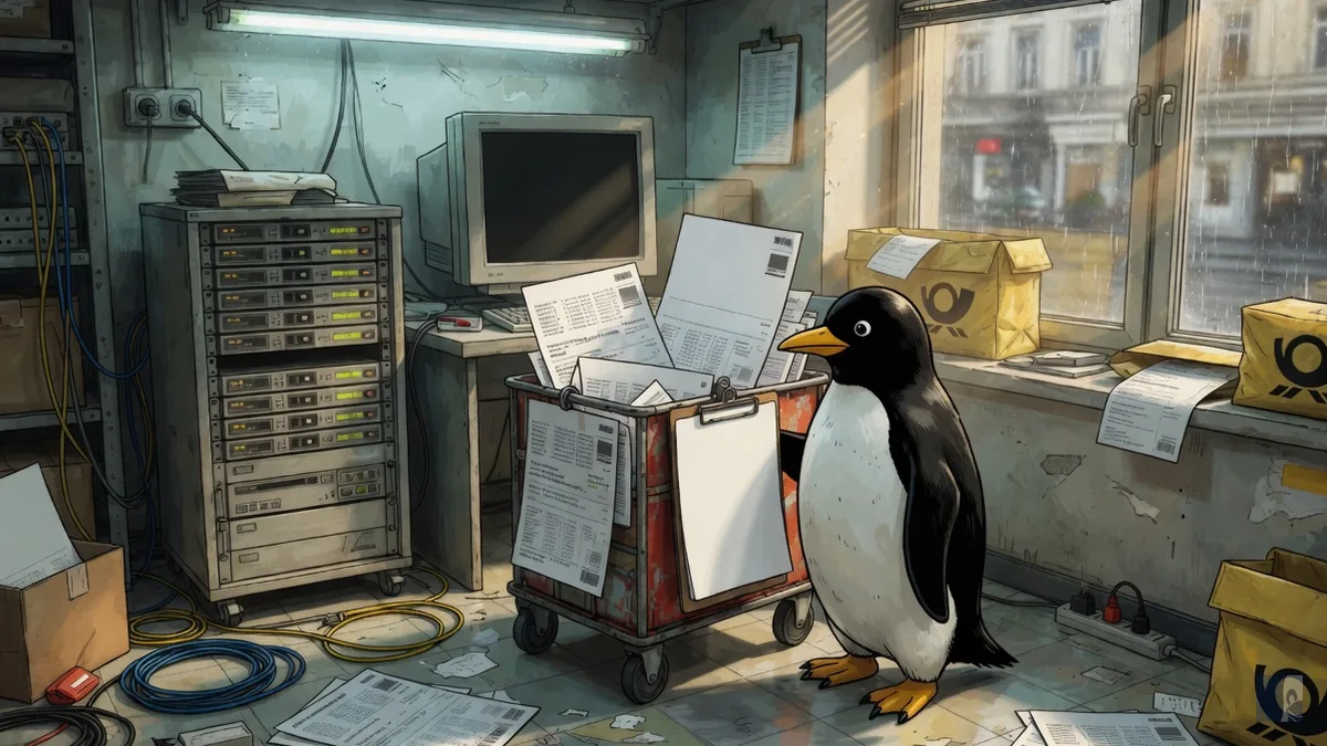 Sala de correio e servidores em Bad Homburg em 2005, com Tux em pé ao lado do carrinho de tickets impressos