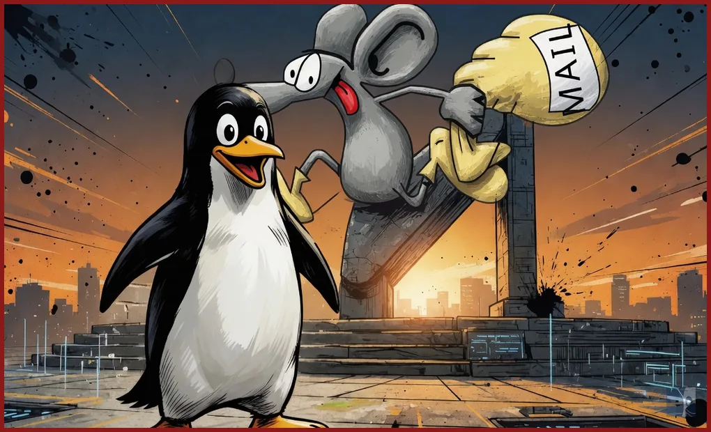 Tux de pé diante do rato mascote oficial do Postfix com o saco MAIL