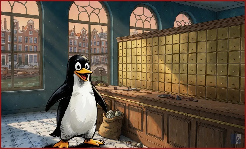 Tux de pé no correio holandês diante da parede de caixas postais de latão