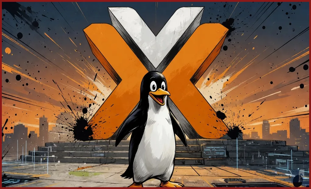 Tux de pé diante da marca laranja do Proxmox