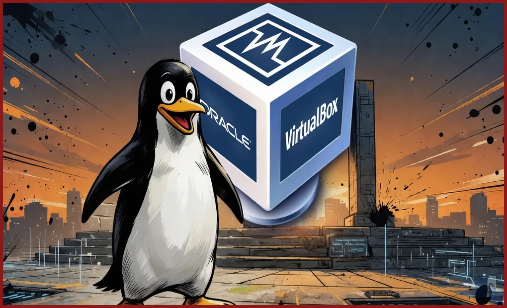 Tux de pé diante do cubo oficial do VirtualBox