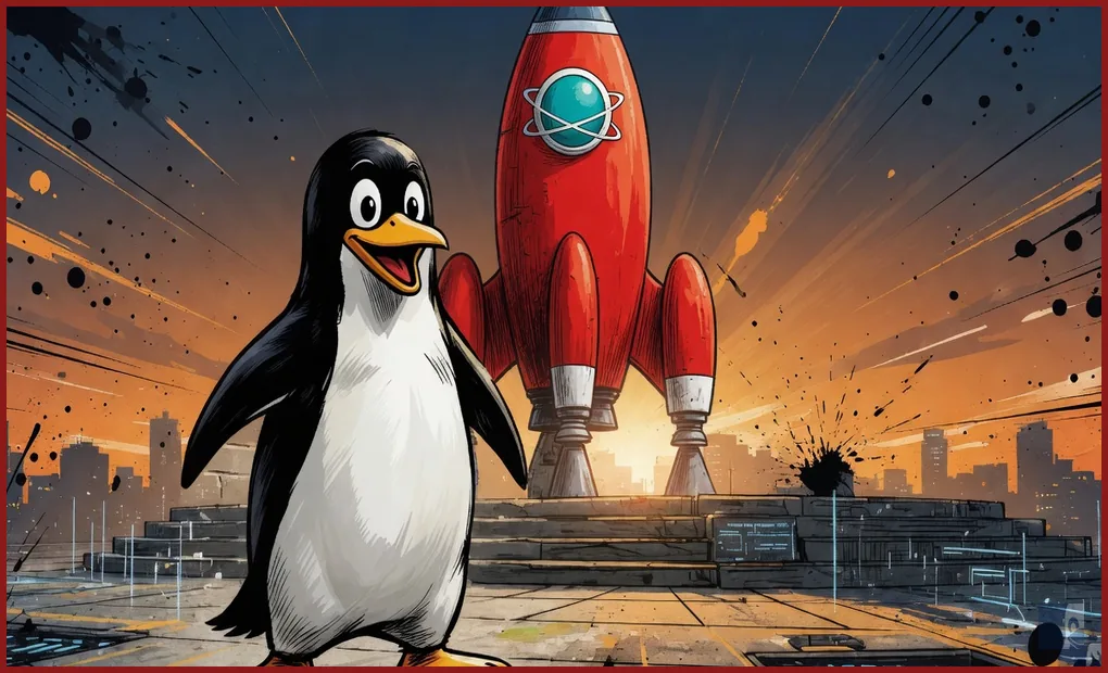 Tux de pé diante do foguete do XCP-ng