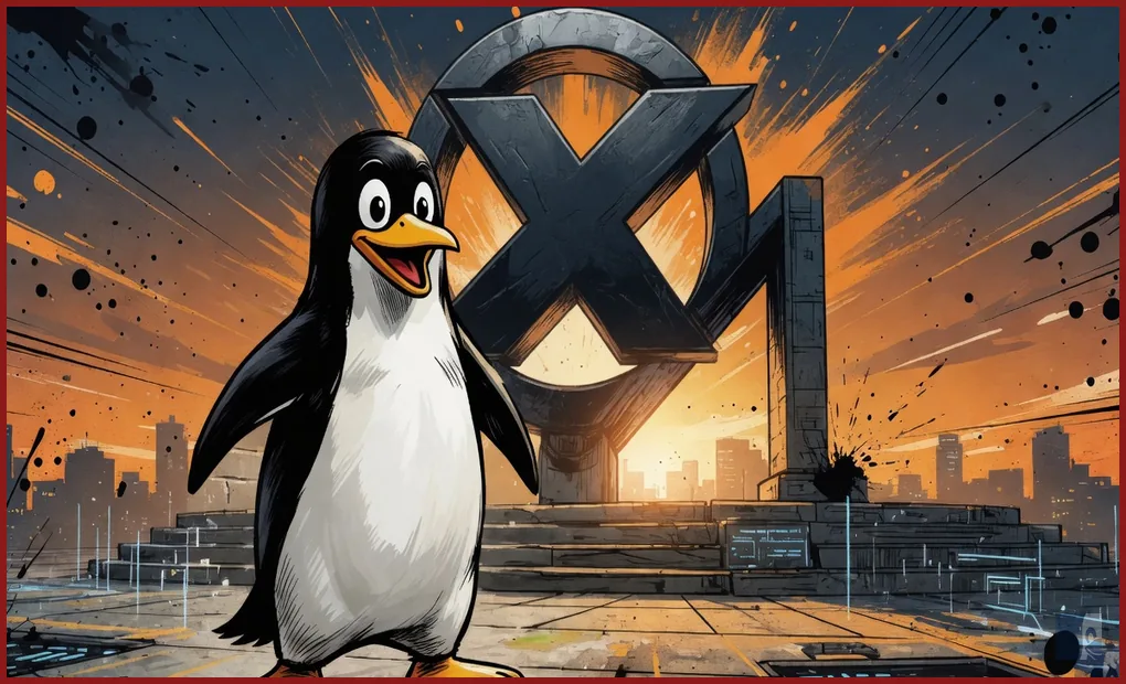 Tux de pé diante do X do Xen Project