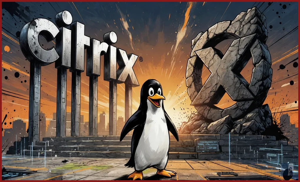 Tux de pé entre o wordmark da Citrix e o X do Xen
