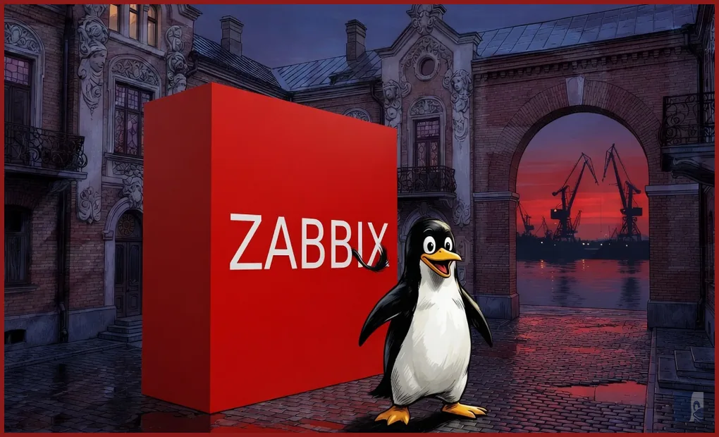 Tux de pé no pátio de Riga diante do bloco vermelho oficial do Zabbix
