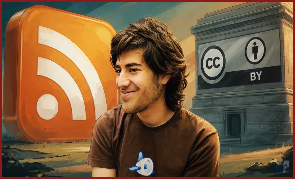 Aaron Swartz em HQ diante dos logos do RSS e do Creative Commons