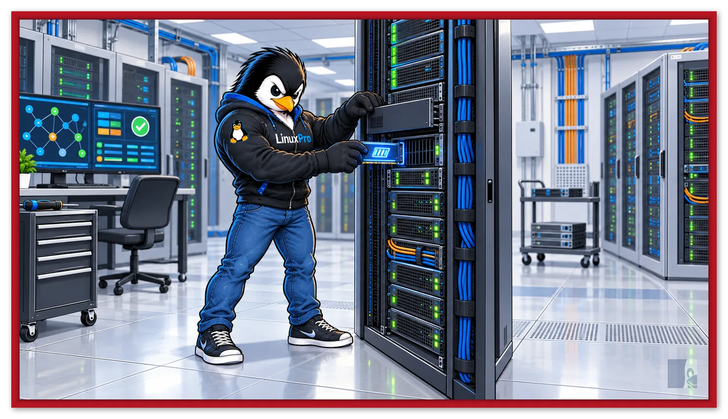 Mascote LinuxPro instalando um módulo de memória persistente em um servidor