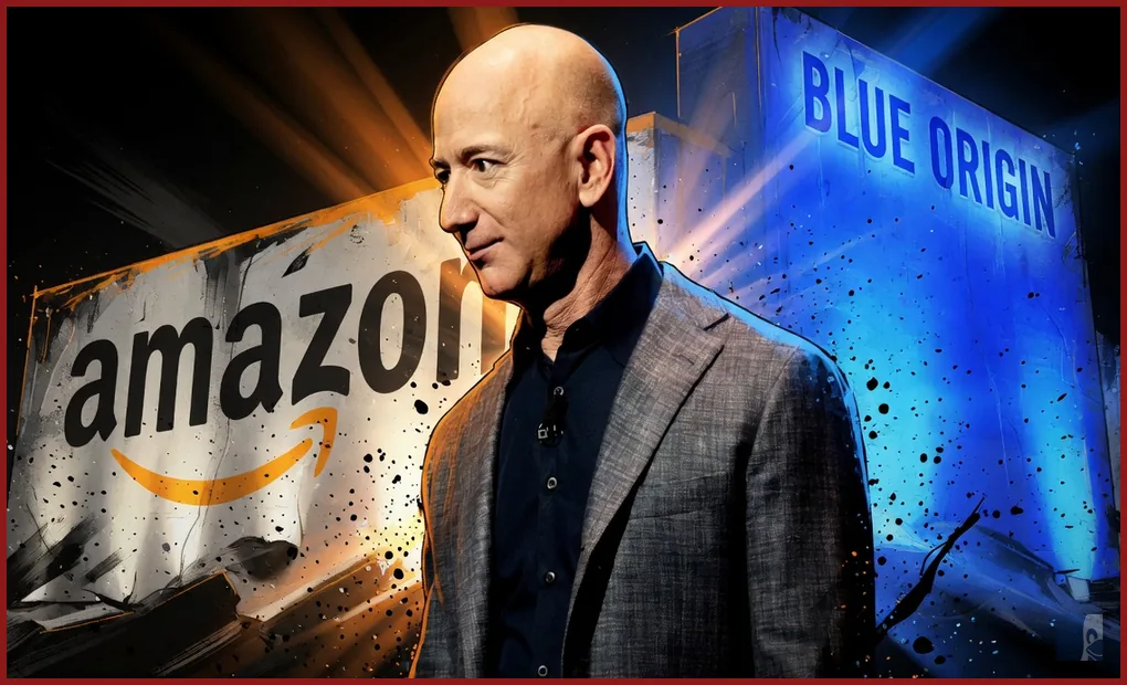 Jeff Bezos em HQ diante dos logos da Amazon e da Blue Origin