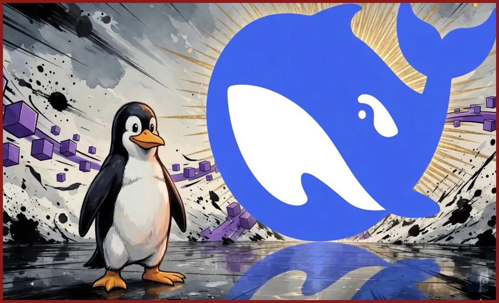 Tux de pé numa cidade de silício diante da baleia da DeepSeek e de um núcleo latente