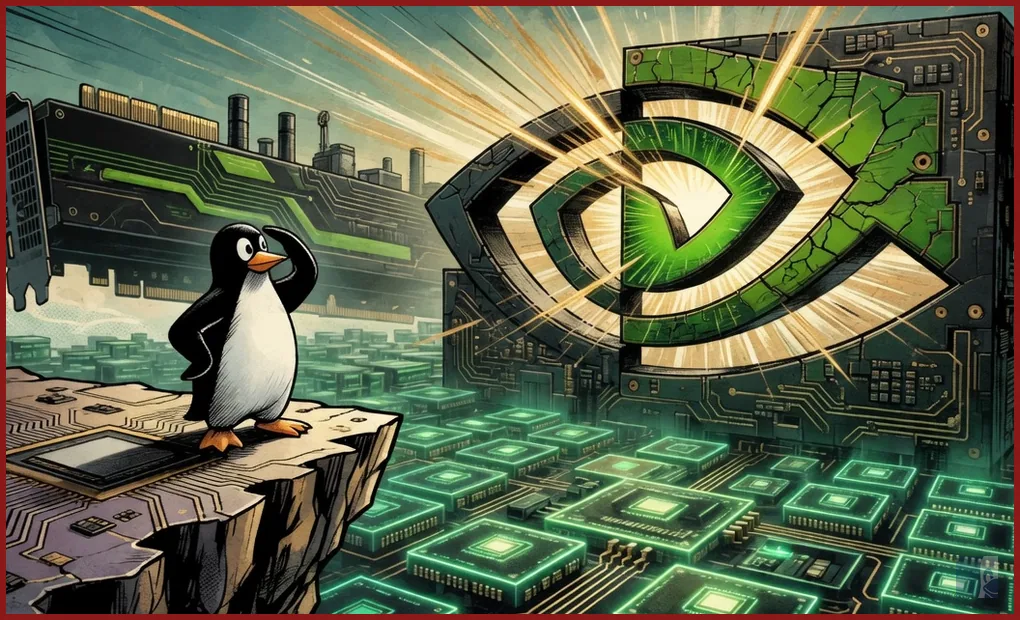 Tux numa cidade de silício, olho da NVIDIA e uma GPU como navio cargueiro