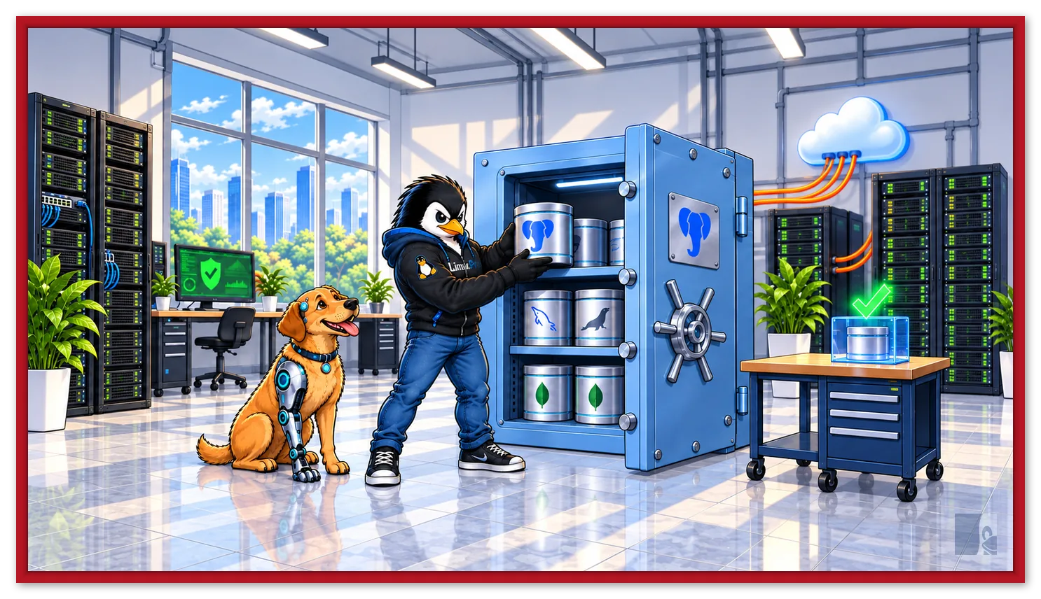 Mascote LinuxPro guardando cilindros de PostgreSQL, MySQL, MariaDB e MongoDB num cofre de backup com o logo do Databasus, com o cachorro caramelo cyborg ao lado
