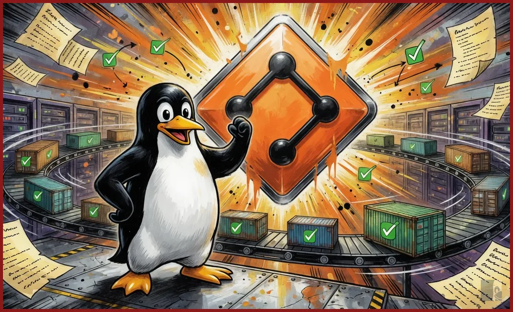 Tux de pé num esteira de containers diante do losango laranja do Git
