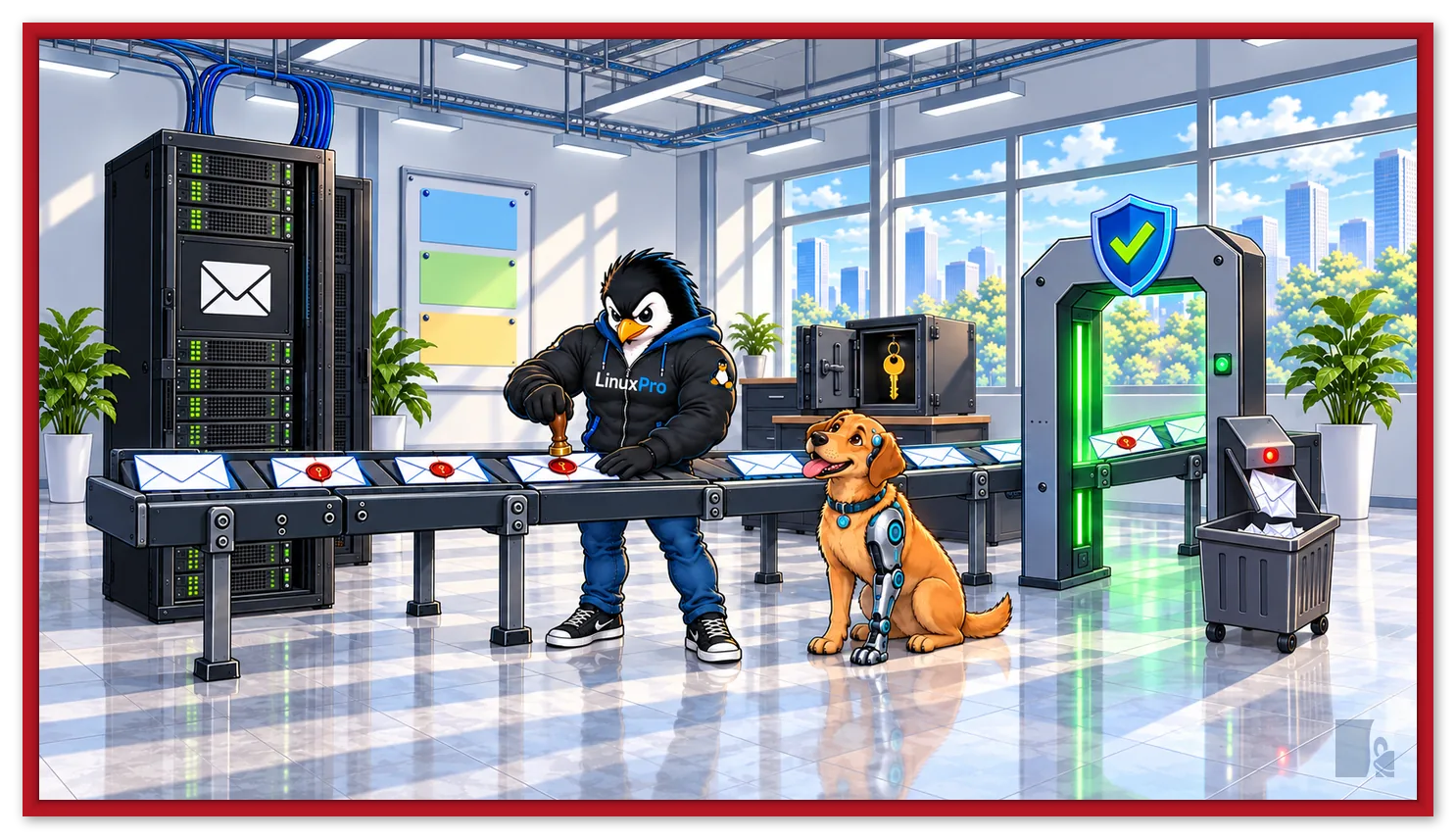 Mascote do LinuxPro carimbando um lacre de cera com uma chave nos envelopes que saem do servidor de e-mail, enquanto um portal com escudo confere as mensagens e o cão caramelo observa