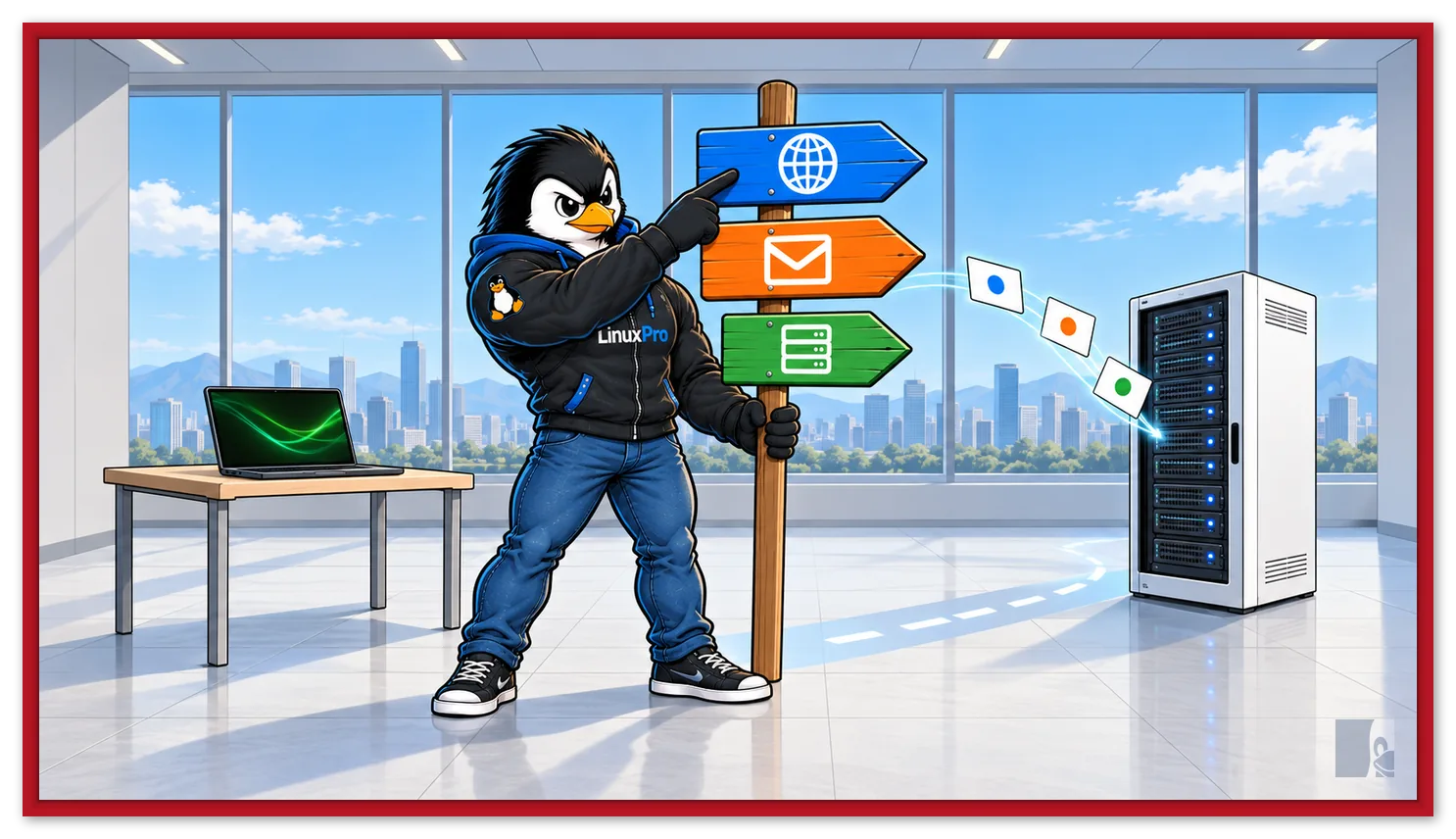 Mascote do LinuxPro apontando a placa de sinalização que leva ao servidor de nomes
