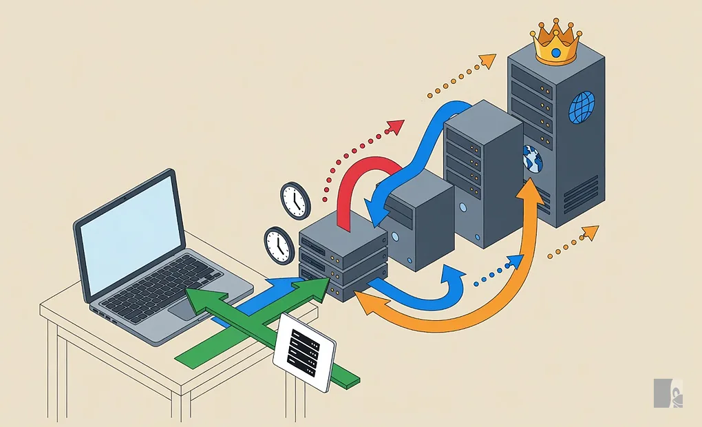 Diagrama da resolução DNS: o cliente pergunta ao resolvedor, que consulta a raiz, o TLD e o servidor autoritativo