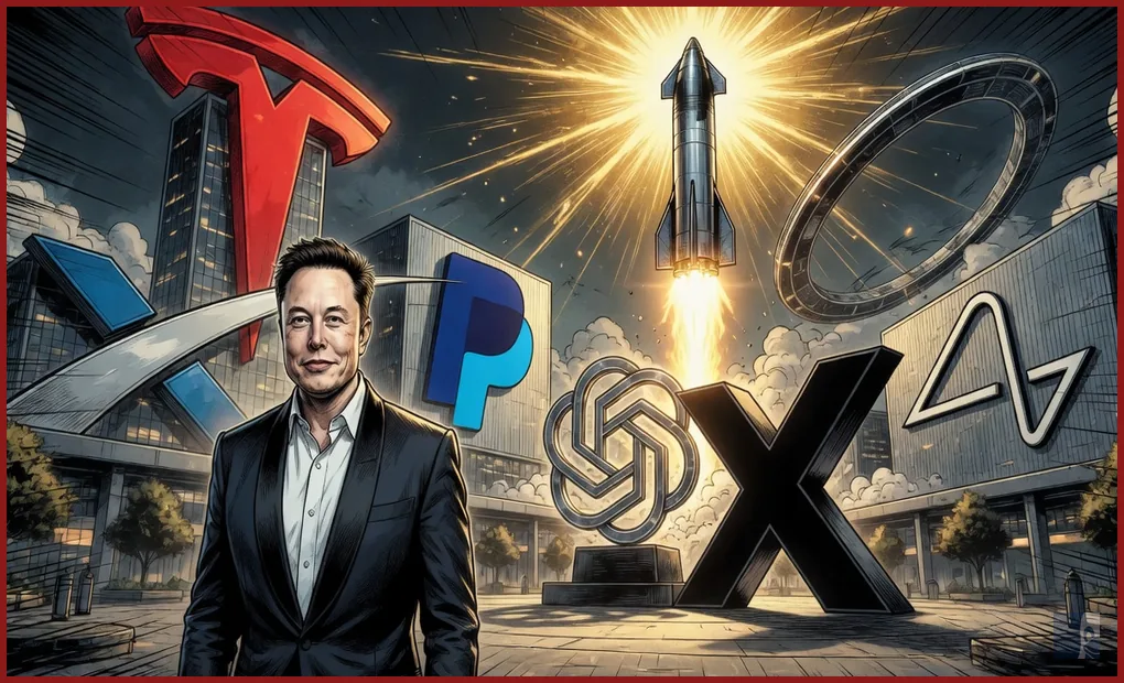 Elon Musk em HQ diante dos logos da Tesla, SpaceX, PayPal, OpenAI, X, Neuralink e Starlink