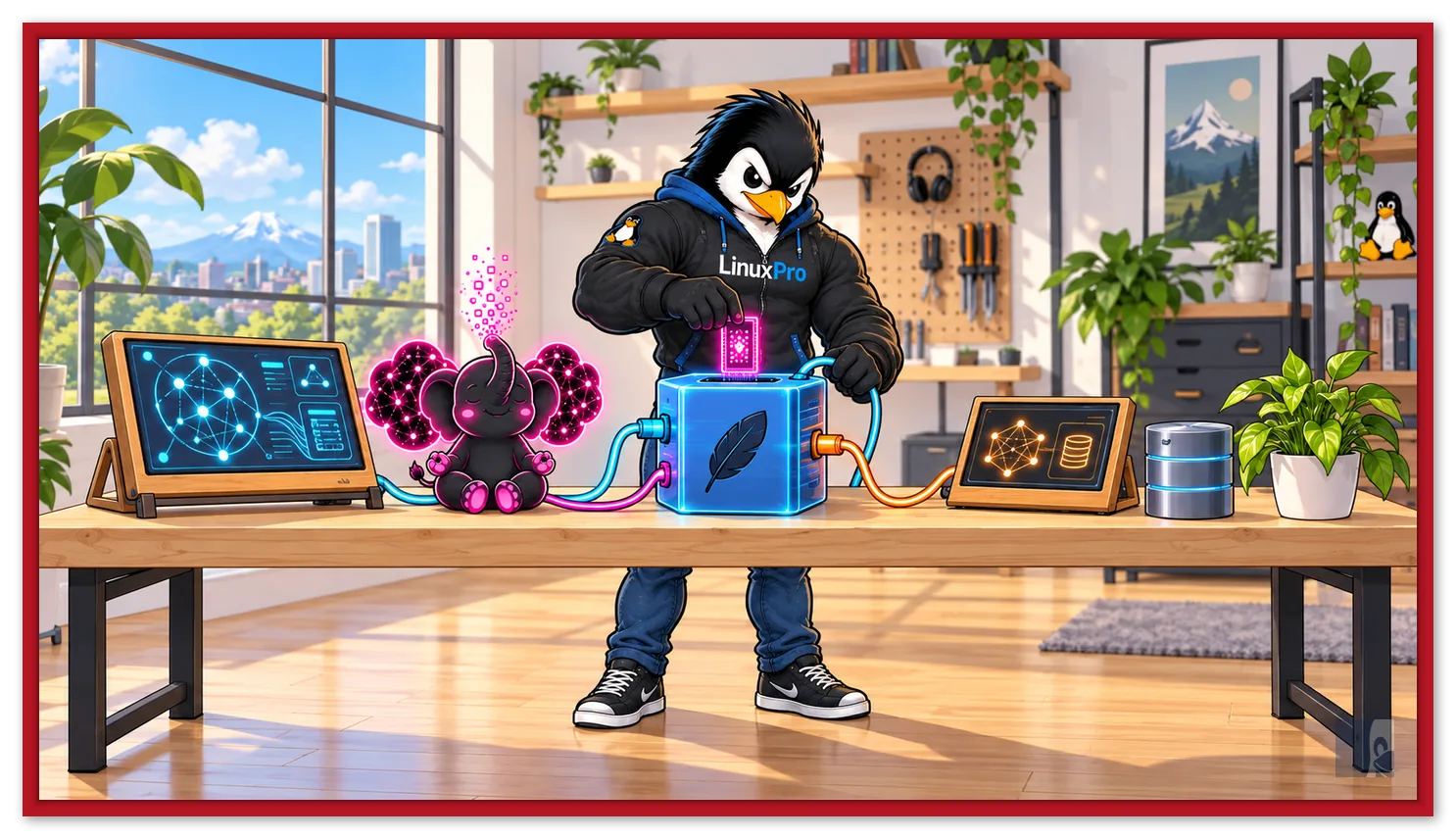 Mascote do LinuxPro encaixando um cartucho de memória no SQLite, com o elefante do Engram na bancada