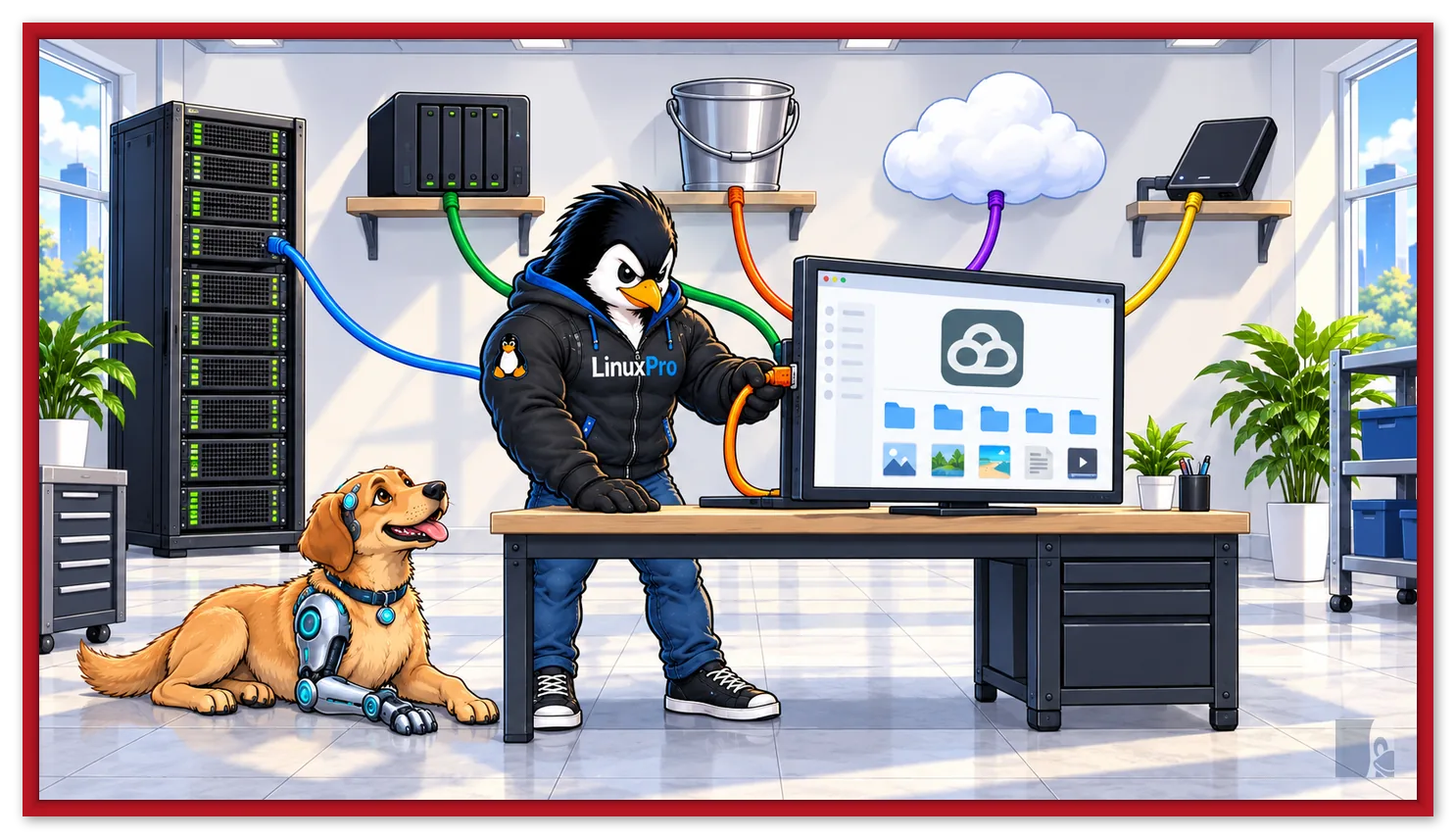 Mascote LinuxPro conectando cabos coloridos a um monitor com o Filestash, ligado a servidor, NAS, balde de objetos, nuvem e HD externo, com o cachorro caramelo cyborg deitado ao lado