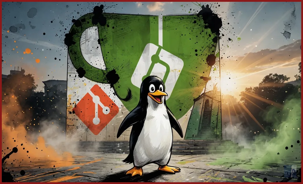 Tux em HQ diante do logo do Gitea e do losango do Git