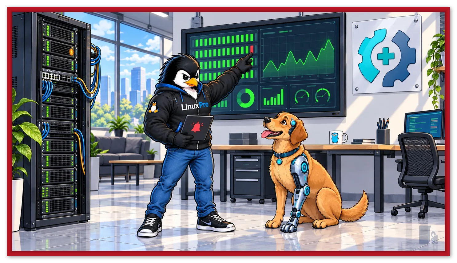 Mascote LinuxPro apontando uma falha no painel de status do Go Uptime num NOC, com o cachorro caramelo cyborg sentado ao lado
