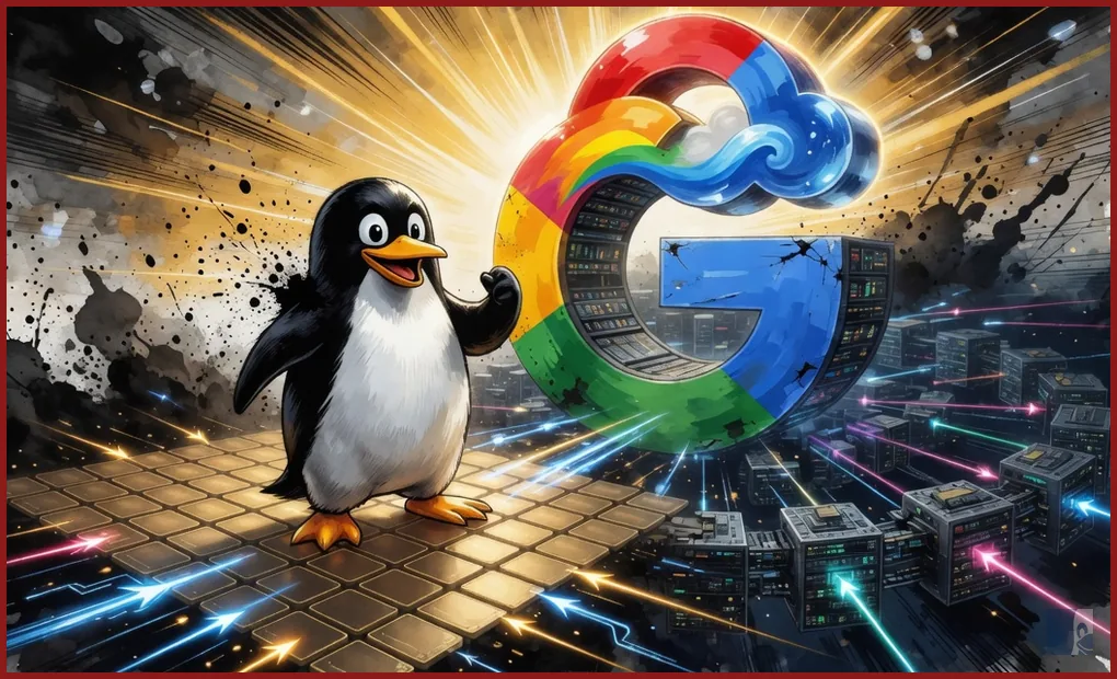 Tux de pé num arranjo sistólico diante do G do Google e de um pod de TPUs