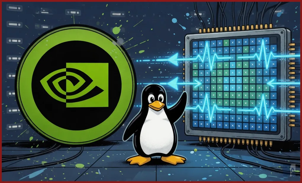 GPU NVIDIA e TPU: Tux entre o olho verde e um arranjo sistólico
