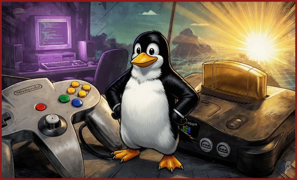 Tux de pé entre o controle tridente e o Nintendo 64, com uma estação SGI ao fundo