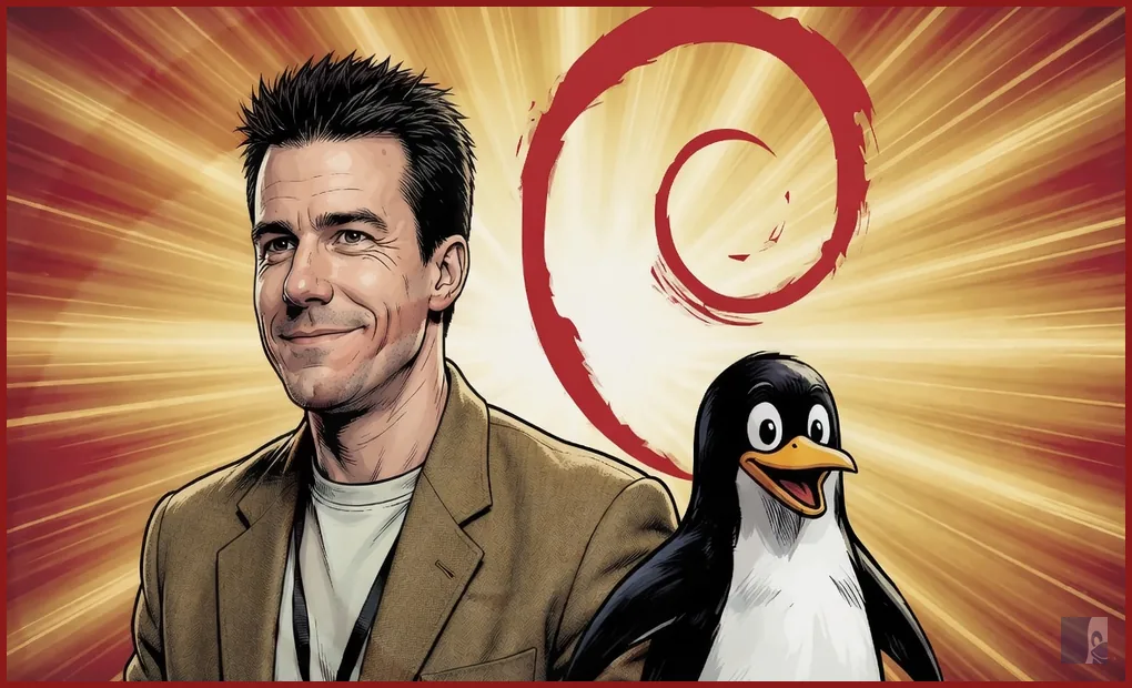 Ian Murdock em HQ de herói com o Tux e o swirl do Debian