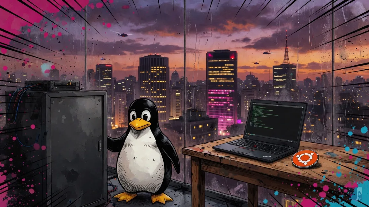 Tux em pé numa colo rooftop com rack e laptop Ubuntu ao entardecer