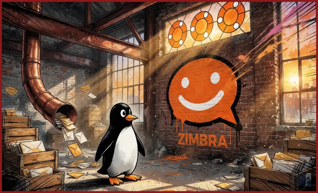 Loft industrial com o balão-sorriso laranja do Zimbra na parede e Tux em pé
