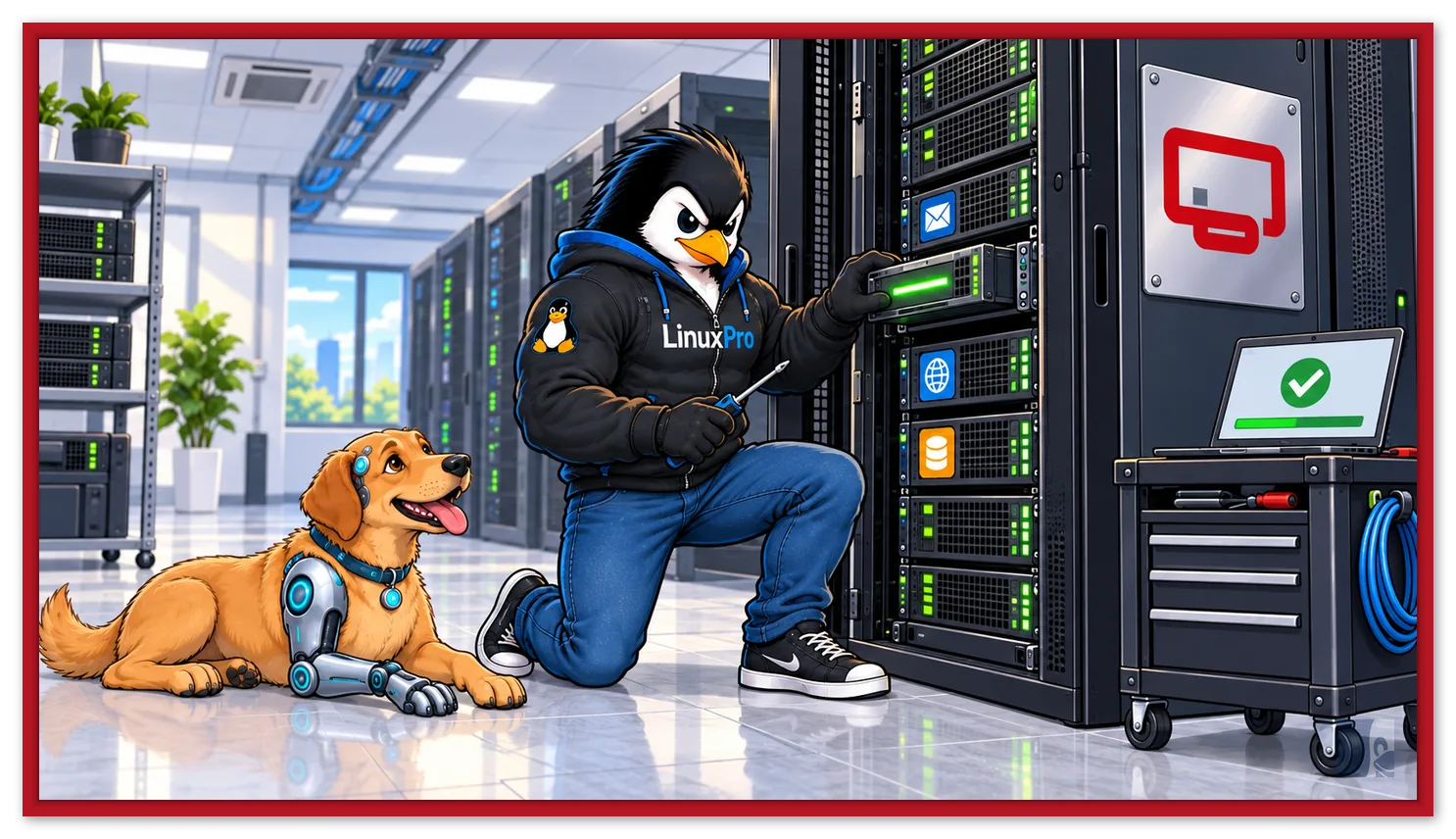 Mascote LinuxPro ajoelhado encaixando um módulo atualizado num rack com o ícone do ISPConfig, com o cachorro caramelo cyborg deitado ao lado