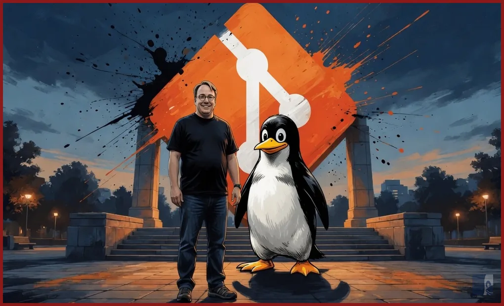 Linus Torvalds em HQ ao lado do Tux e do logo do Git