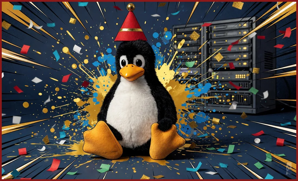 Tux comemorando 35 anos do Linux